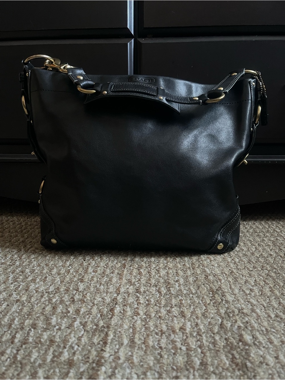 Coach Carly Black Leather Hobo Shoulder Bag